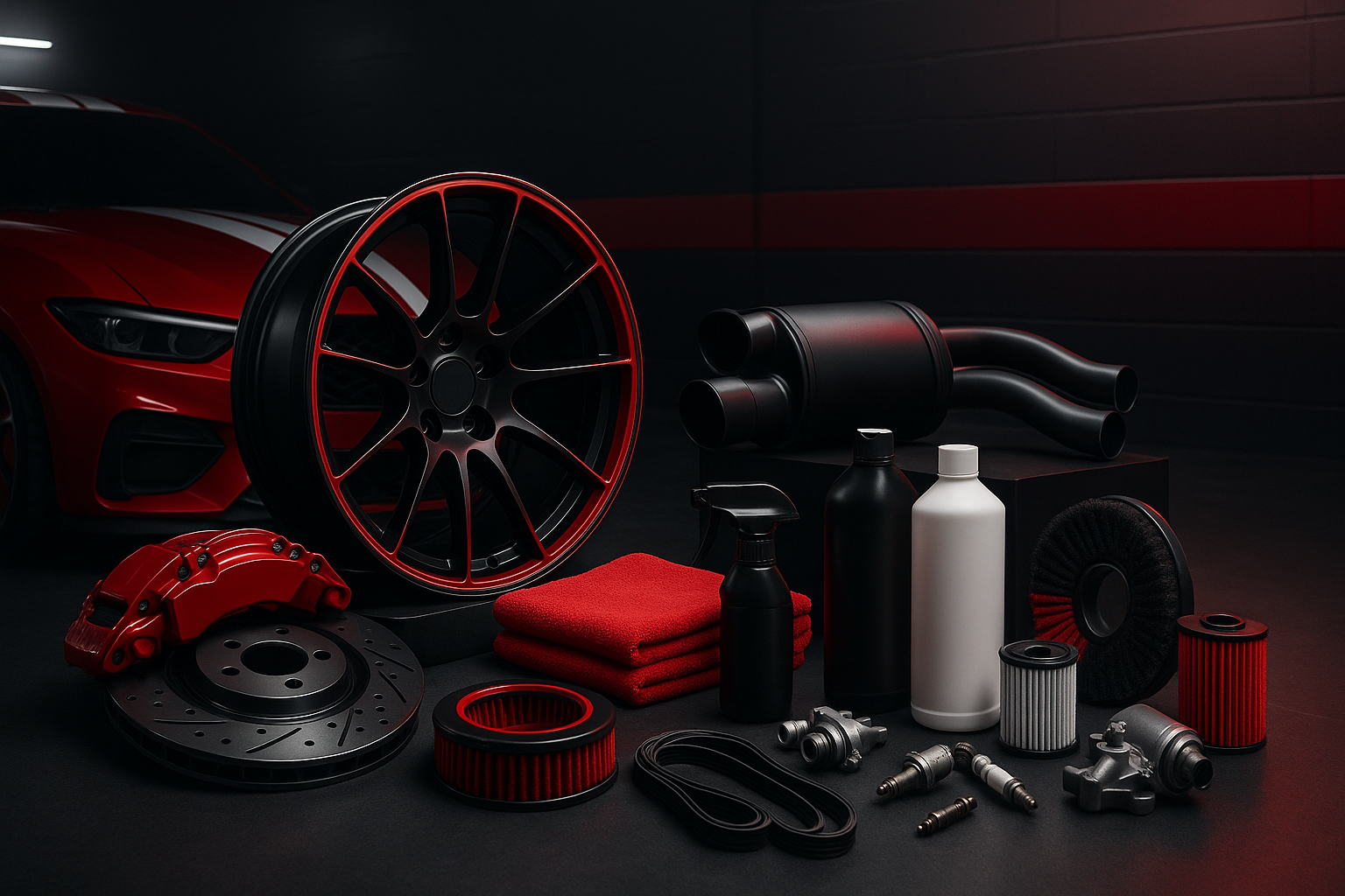 créer moi une image d'arrière plan dans le thème de l'automobile (tuning, nettoyages, pieces detaché) avec les couleurs rouge, noir principalement et le blan en tant que couleur secondaire 
